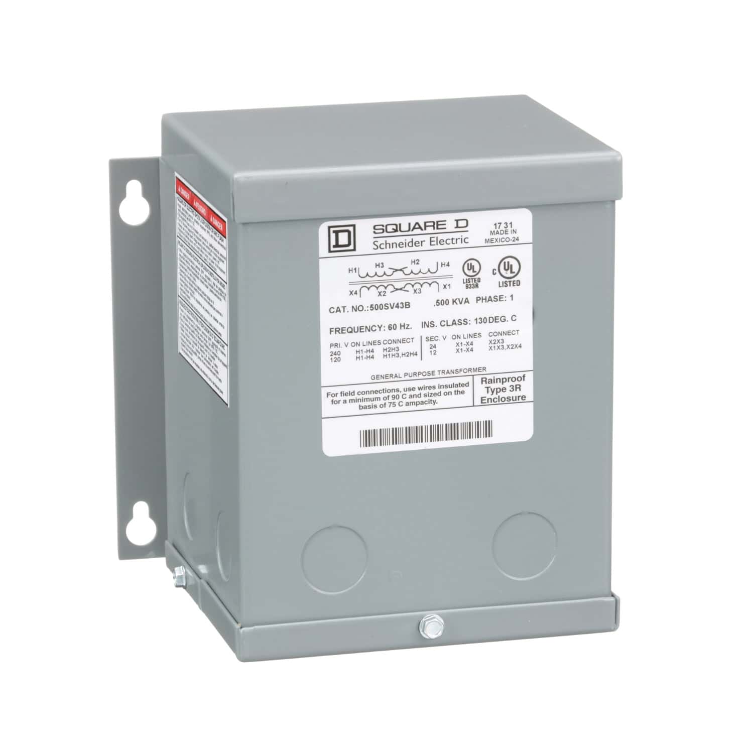 Gray Square D Schneider Electric transformer mounted on a metal bracket, with a white product label featuring technical specifications on the front.