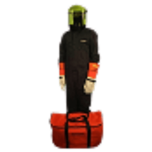 Person in a black protective suit with orange cuffs, white gloves, and a green face shield, standing behind a large orange bag.