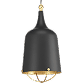 A black hanging pendant lamp with a gold interior and gold accent cage at the base, suspended by a gold hook.