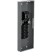 A gray metal electrical panel with an open door, showing empty breaker slots and internal wiring terminals.