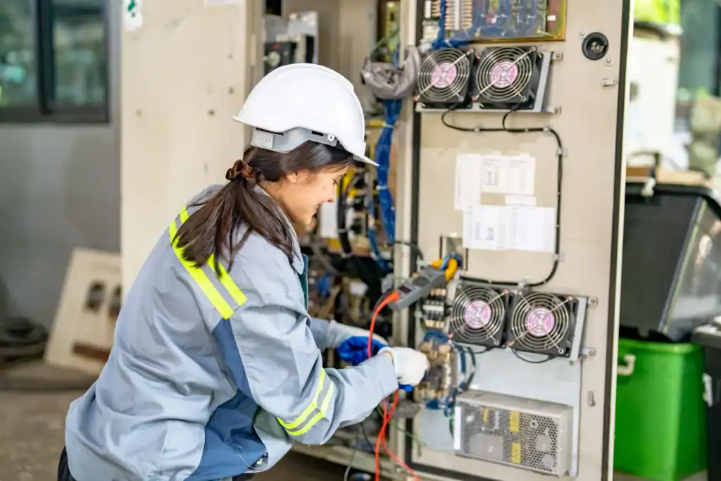 A worker in safety gear uses tools to inspect or repair electrical components inside an open industrial control panel.