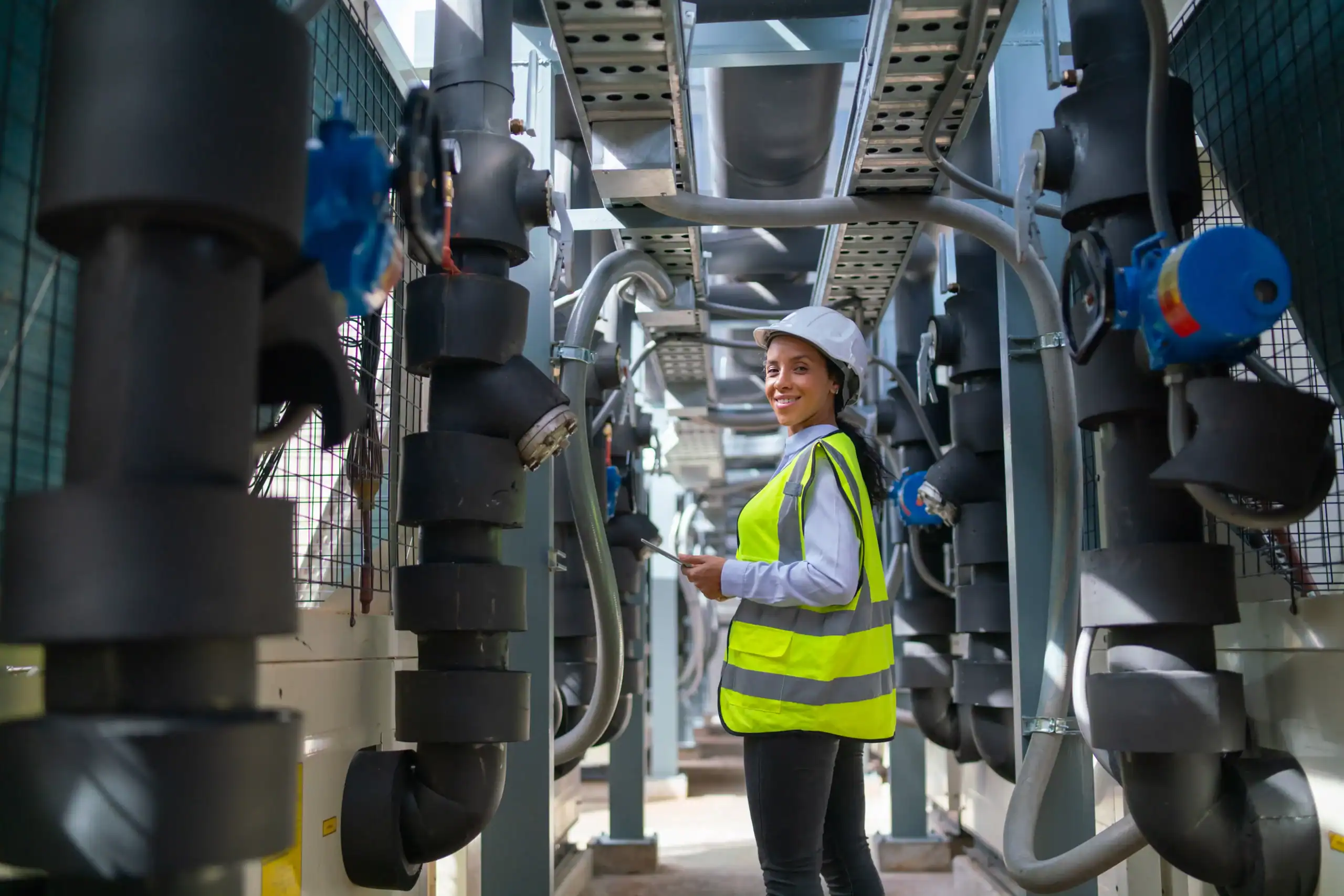 A woman wearing a hard hat and high-visibility vest stands in an industrial facility surrounded by pipes, holding a clipboard and smiling at the camera.