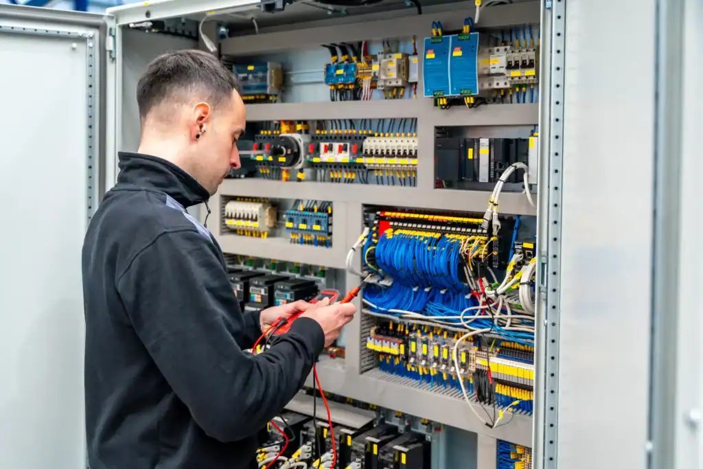 How to Choose Electrical Suppliers: A Money-Saving Guide for Facility Managers 1 A person uses a tool to test or connect wires inside a large open control panel from professional electrical suppliers filled with various circuits and components.