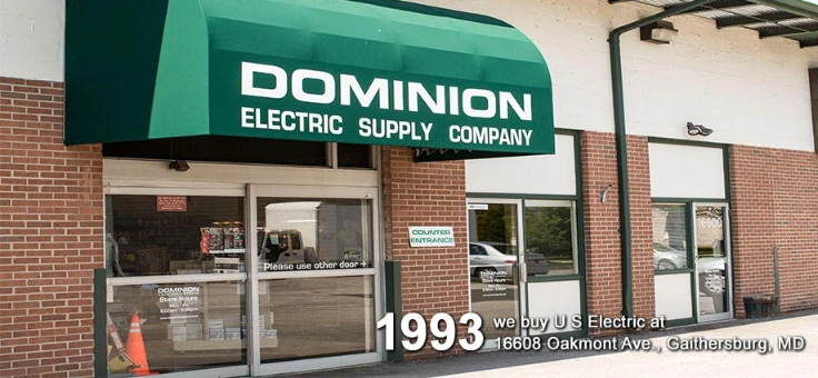 Nuestra historia 5 Storefront of Dominion Electric Supply Company, an Electrical Distribution Company, with a green awning and glass doors; text notes the 1993 acquisition of U S Electric at 16088 Oakmont Ave, Gaithersburg, MD.